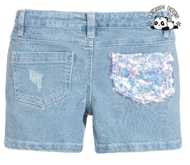 Roupas infantis personalizáveis de tecido denim com lantejoulas iridescentes rosa e azul claro para meninas - Product Image