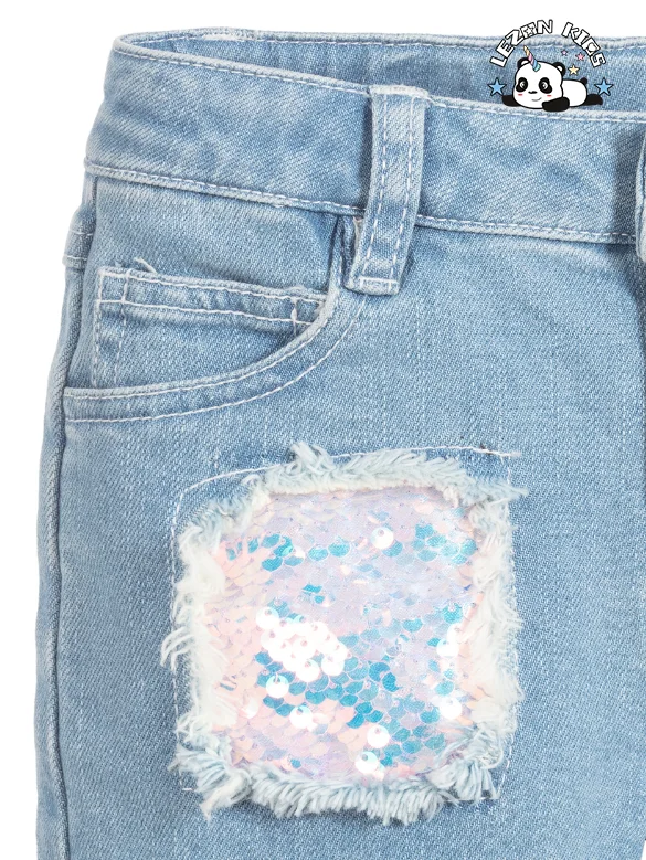 Roupas infantis personalizáveis de tecido denim com lantejoulas iridescentes rosa e azul claro para meninas - Product Image