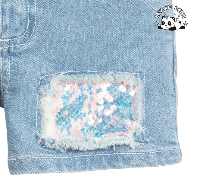 Roupas infantis personalizáveis de tecido denim com lantejoulas iridescentes rosa e azul claro para meninas - Product Image