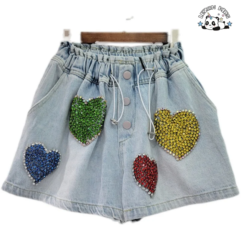 Calções de ganga personalizáveis para meninas com cintura alta e miçangas em forma de coração no verão