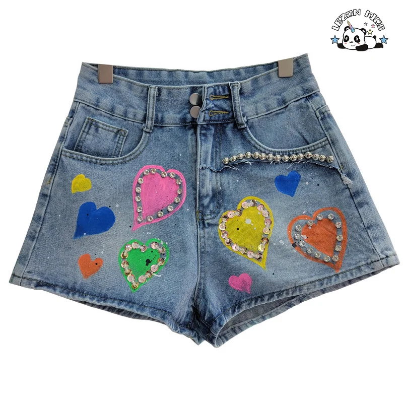 Shorts de Denim Personalizáveis para Meninas com Contas de Diamante e Cintura Alta para Verão para 2-14 Anos