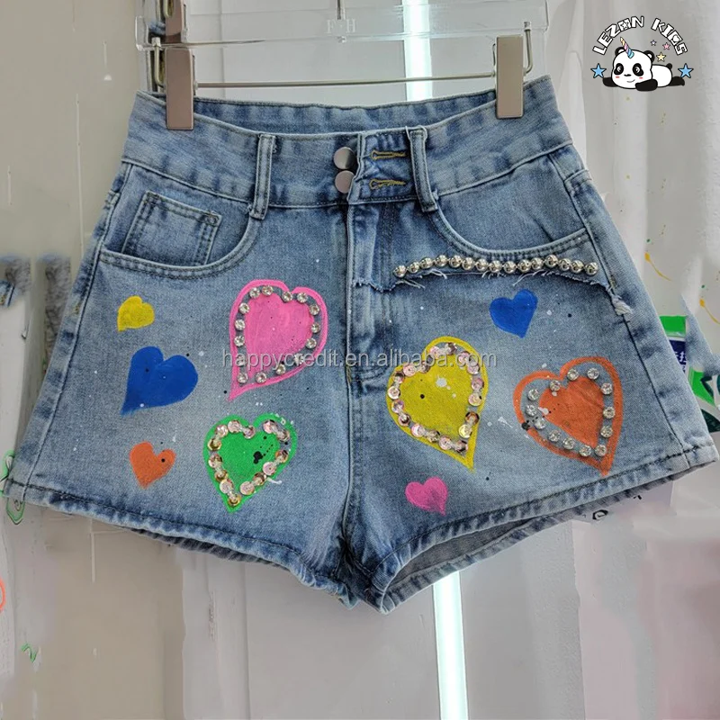 Shorts de Denim Personalizáveis para Meninas com Contas de Diamante e Cintura Alta para Verão para 2-14 Anos - Product Image