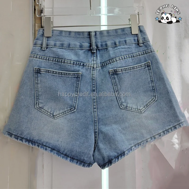 Shorts de Denim Personalizáveis para Meninas com Contas de Diamante e Cintura Alta para Verão para 2-14 Anos - Product Image