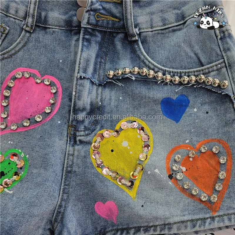 Shorts de Denim Personalizáveis para Meninas com Contas de Diamante e Cintura Alta para Verão para 2-14 Anos - Product Image