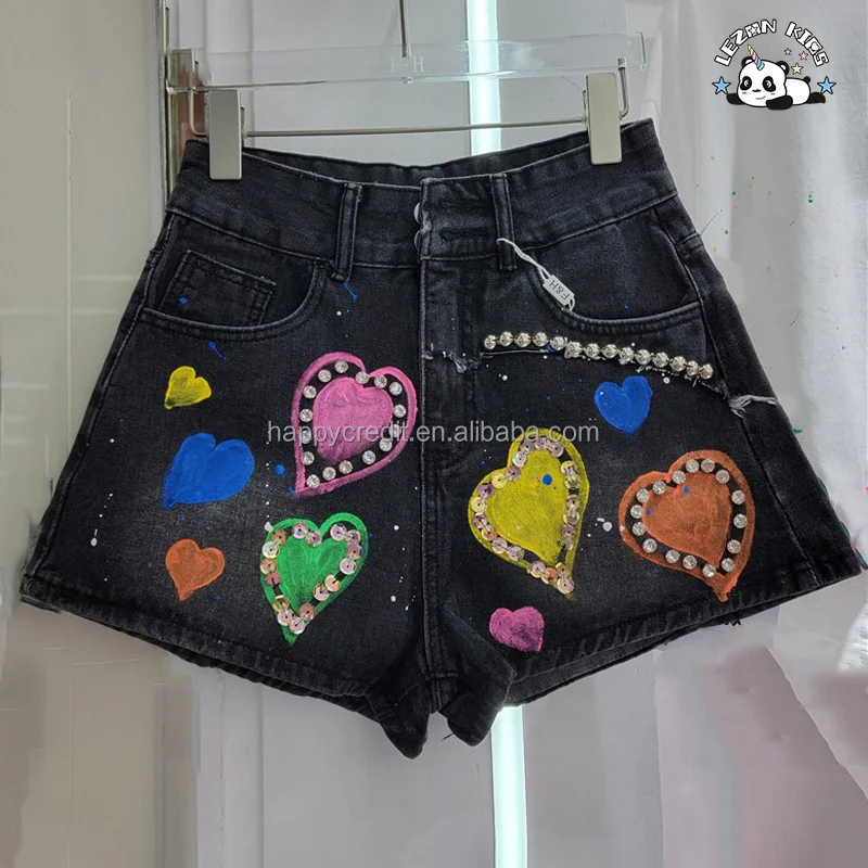 Shorts de Denim Personalizáveis para Meninas com Contas de Diamante e Cintura Alta para Verão para 2-14 Anos - Product Image