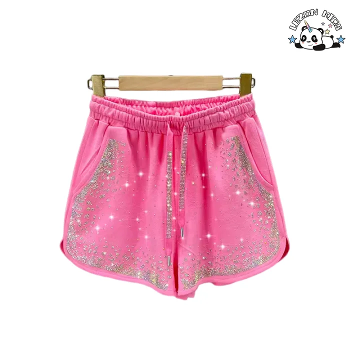 Shorts de verão personalizáveis de cintura alta e corte A para crianças de 2 a 14 anos com lantejoulas - Product Image