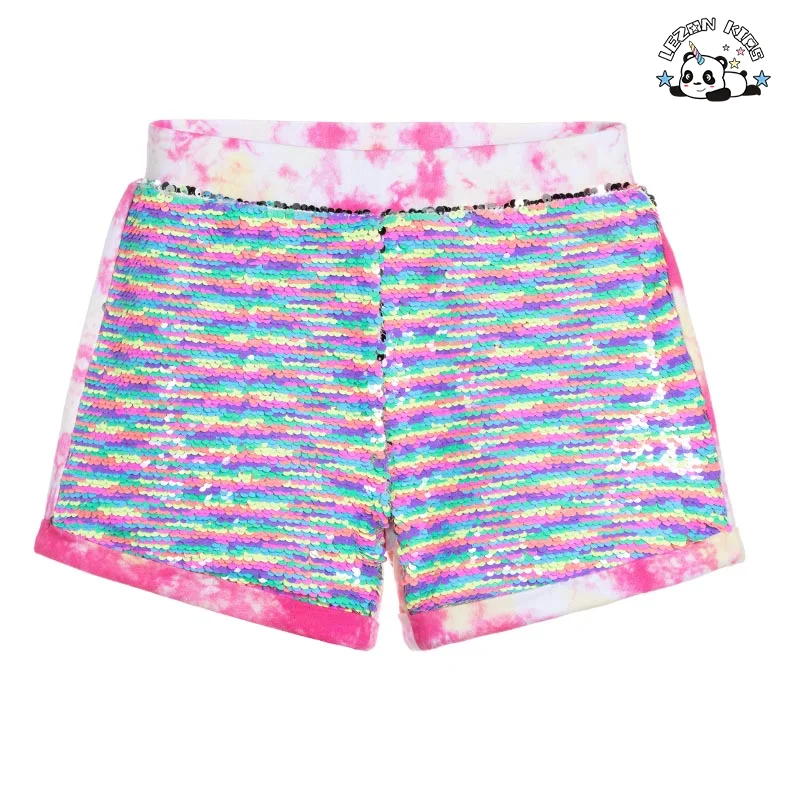 Girls Children Clothing Tie Dye Cotton Jersey Rainbow Reversible Sequin Shorts