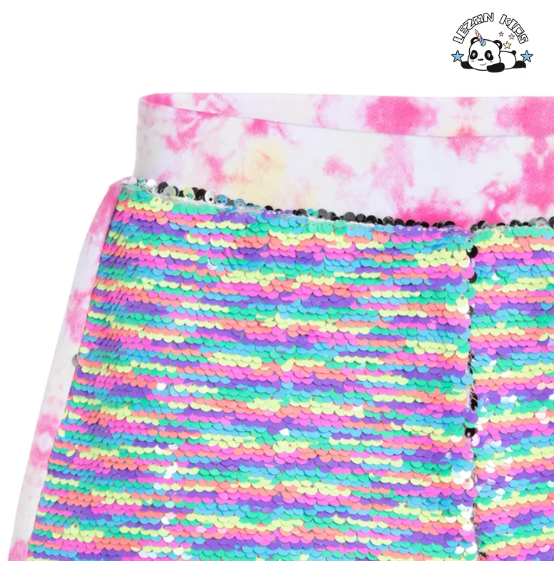 Girls Children Clothing Tie Dye Cotton Jersey Rainbow Reversible Sequin Shorts - Product Image