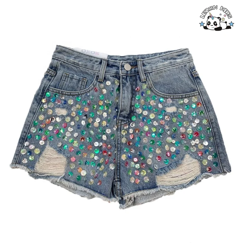 High Street Stylish Colorful Hand Sewn Crystal Rhinestone Girls Jeans Denim Shorts