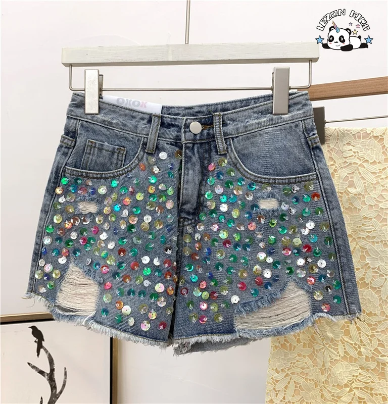 High Street Stylish Colorful Hand Sewn Crystal Rhinestone Girls Jeans Denim Shorts - Product Image