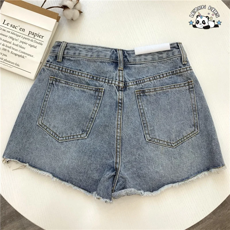 High Street Stylish Colorful Hand Sewn Crystal Rhinestone Girls Jeans Denim Shorts - Product Image