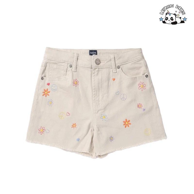 Hot Sale White Denim Shorts Flower Embroidery Smile Face Girls Jeans Shorts