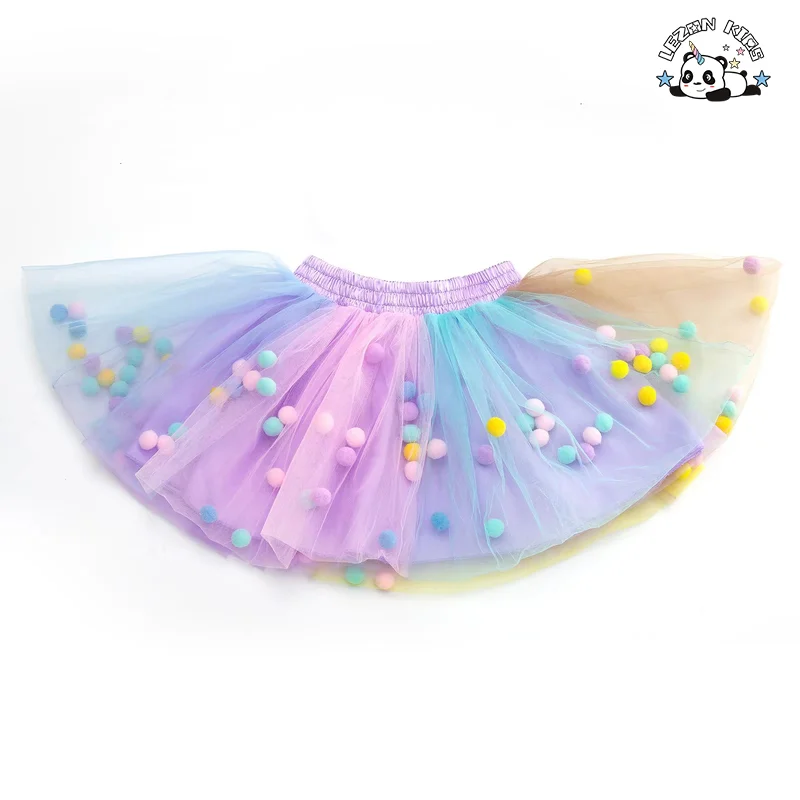 2024 High Quality rainbow color multi layers tulle small balls skirt for girls 2-14 years old