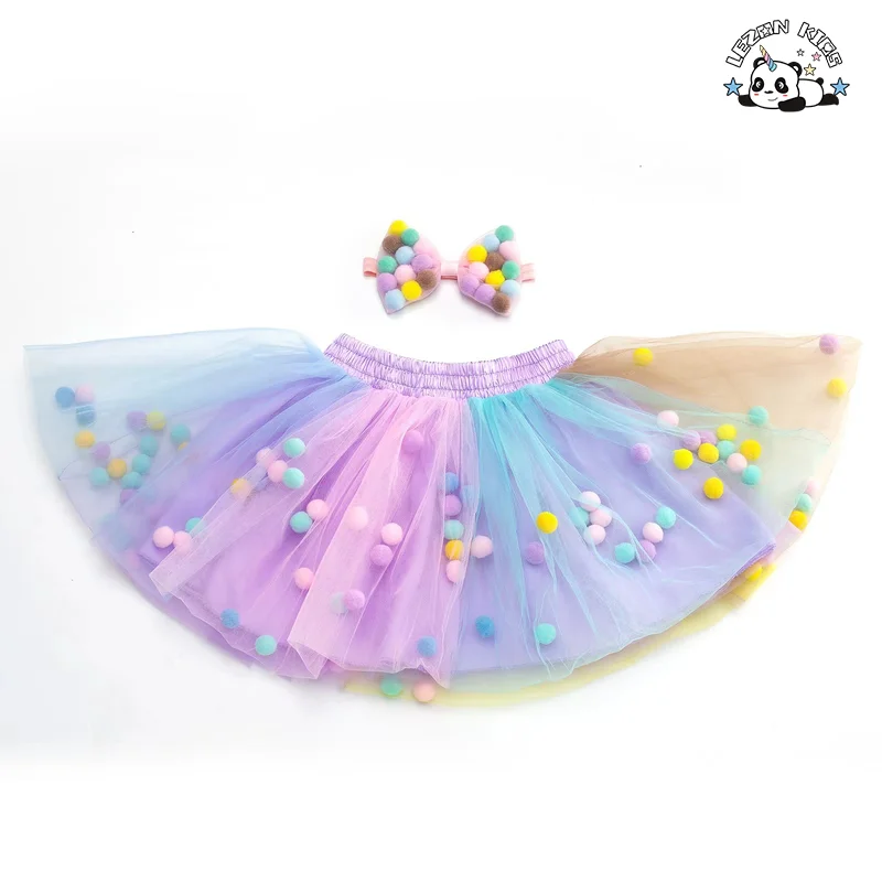 2024 High Quality rainbow color multi layers tulle small balls skirt for girls 2-14 years old - Product Image