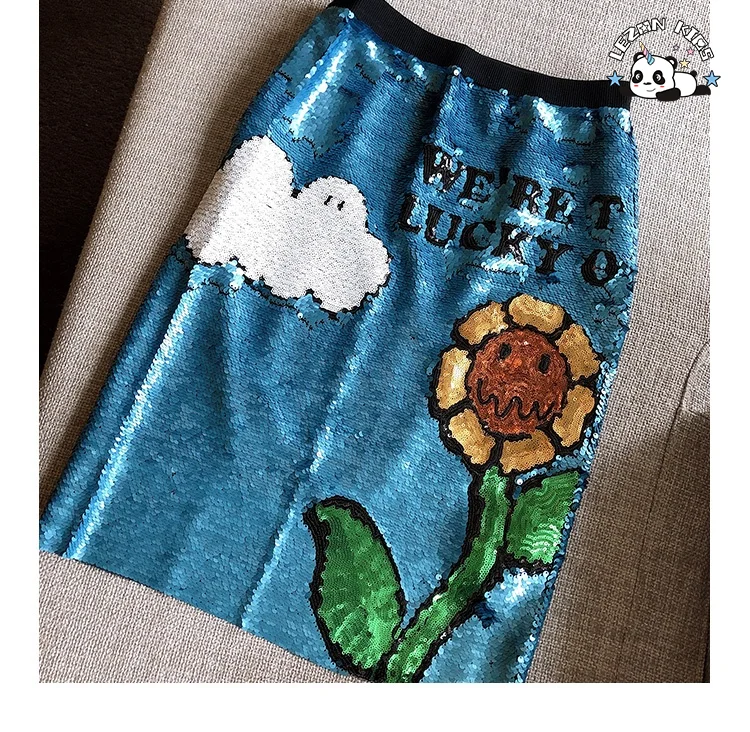 2024 New Style Summer Sunflower Blue Silver Flipping Sequin A-line Cute Girls Skirt for Daily Wear - Product Image
