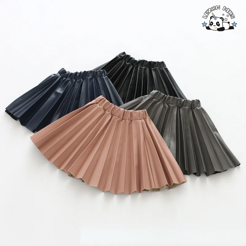 Children's Wear New Girls' Leather Skirt Pleated PU Leather Short Skirt Elastic Waist A-line Skirt - Product Image