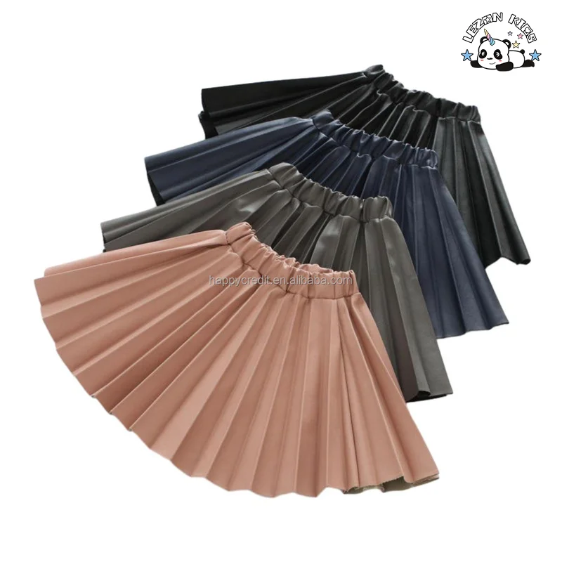 Children's Wear New Girls' Leather Skirt Pleated PU Leather Short Skirt Elastic Waist A-line Skirt - Product Image