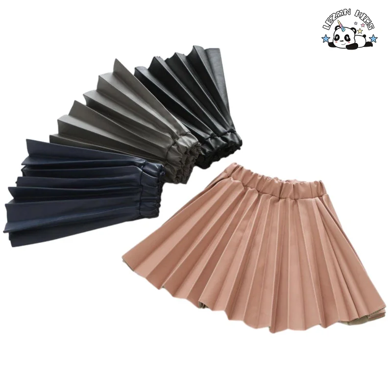 Children's Wear New Girls' Leather Skirt Pleated PU Leather Short Skirt Elastic Waist A-line Skirt - Product Image