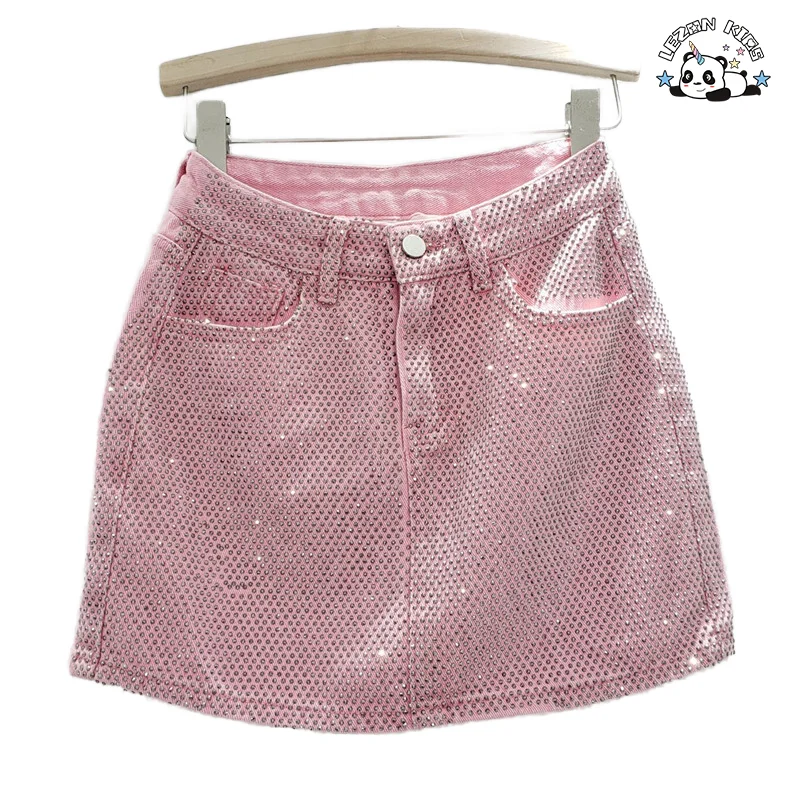 Custom Denim Hot Drilling Skirt Kids Girl Casual Summer Fashion Girls Skirts with Lining