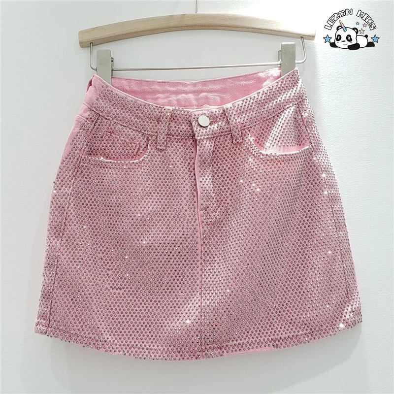 Custom Design Fashion Denim Skirt Hot Drill Kid's Short Skirt Fashion Solid Color Wrap Hip Mini Skirt - Product Image