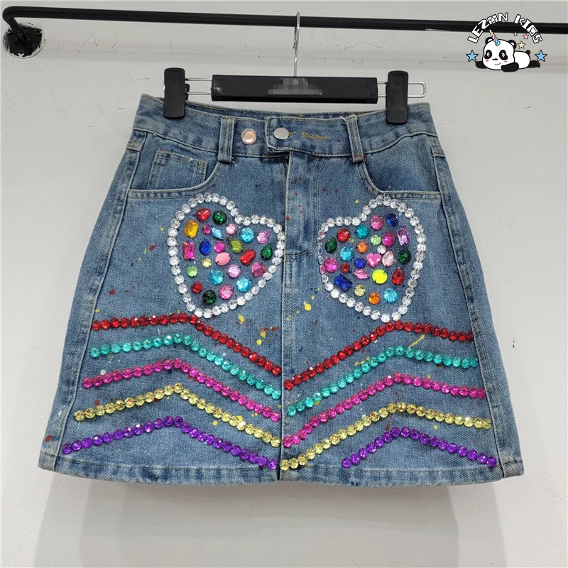 Custom Design Fashion Hand Make Gems Denim Skirt Kid's Stones Skirt Casual A-Line Denim 2-14 Years Denim Skirt - Product Image