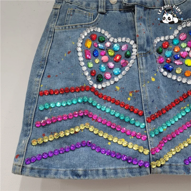 Custom Design Fashion Hand Make Gems Denim Skirt Kid's Stones Skirt Casual A-Line Denim 2-14 Years Denim Skirt - Product Image