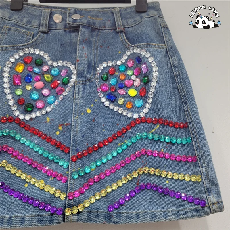 Custom Design Fashion Hand Make Gems Denim Skirt Kid's Stones Skirt Casual A-Line Denim 2-14 Years Denim Skirt - Product Image