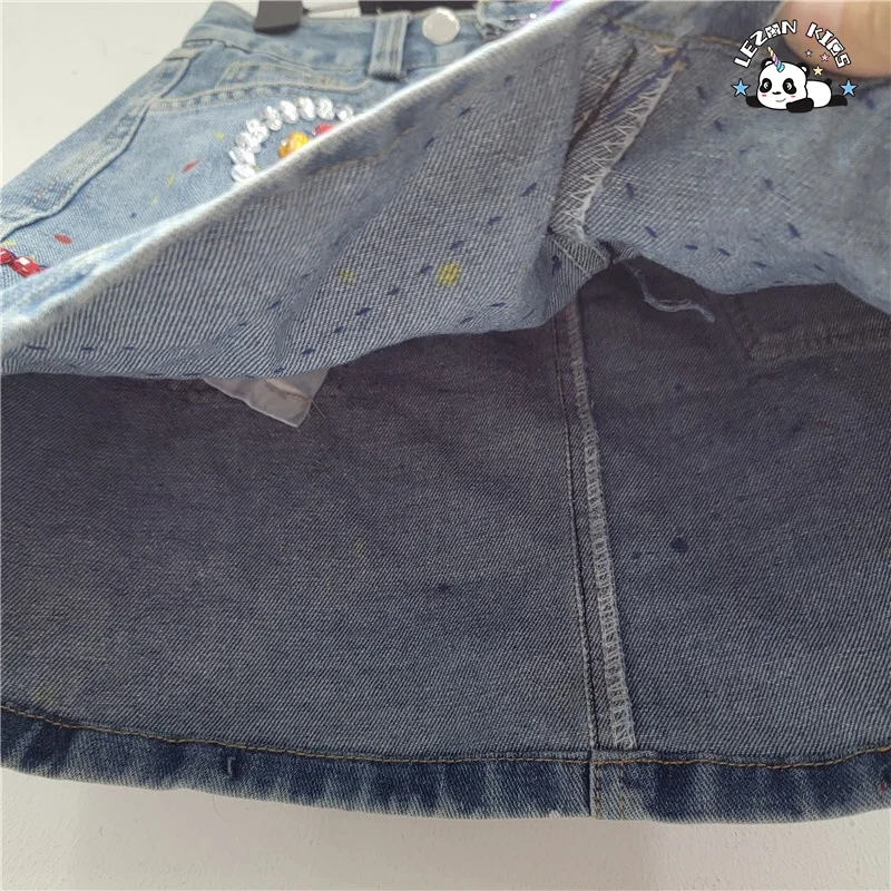 Custom Design Fashion Hand Make Gems Denim Skirt Kid's Stones Skirt Casual A-Line Denim 2-14 Years Denim Skirt - Product Image