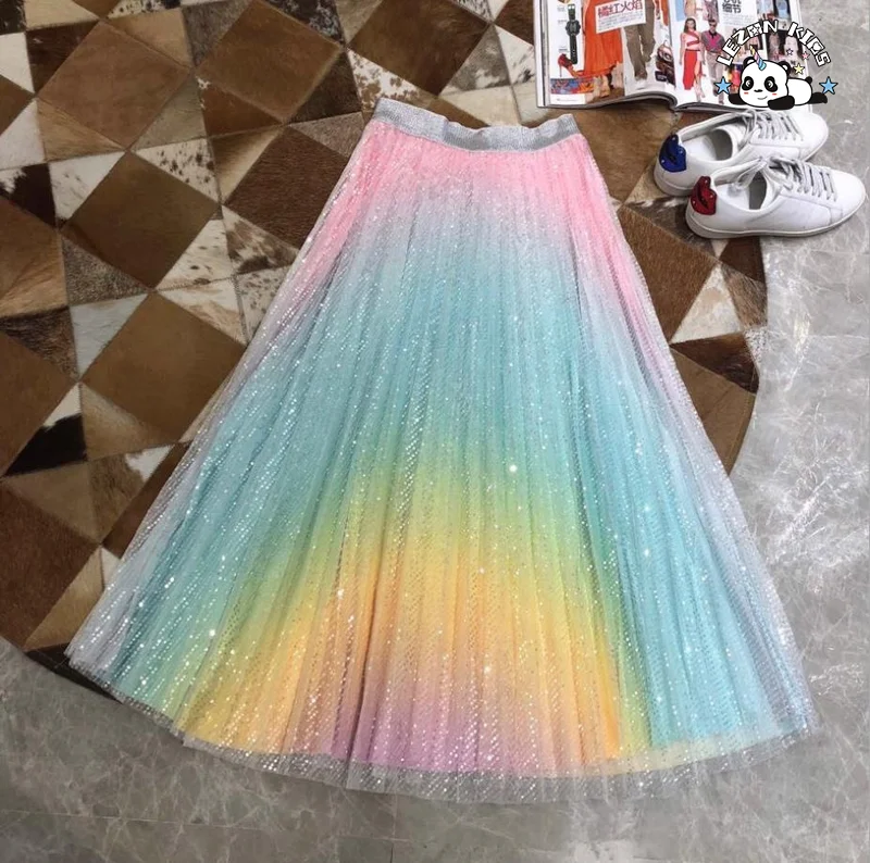 Customizable Girls Satin Rainbow Maxi Pleated Sequin Skirt Kids Fashion Accessory