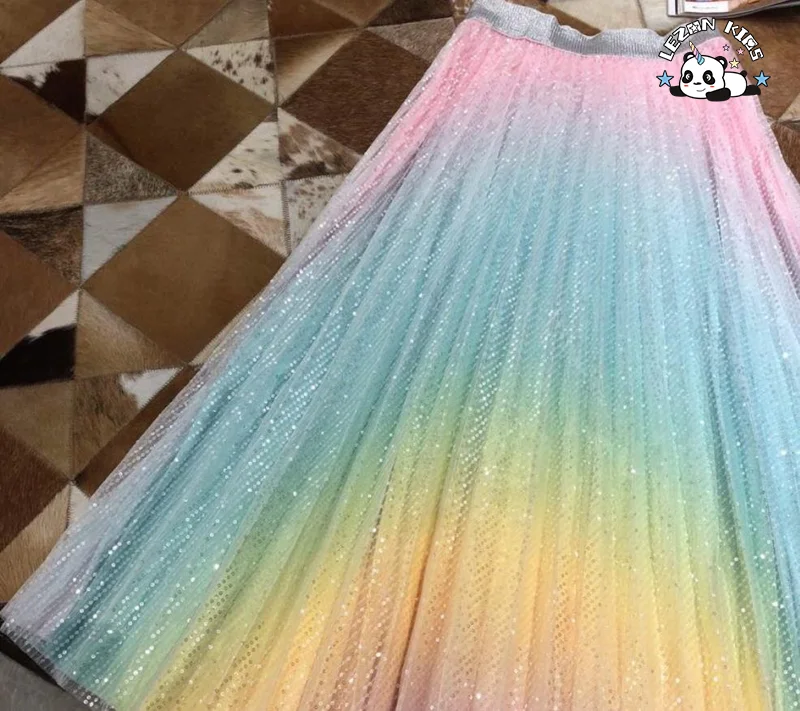 Customizable Girls Satin Rainbow Maxi Pleated Sequin Skirt Kids Fashion Accessory - Product Image