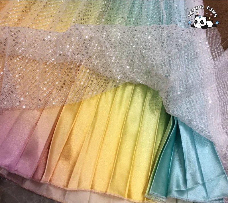 Customizable Girls Satin Rainbow Maxi Pleated Sequin Skirt Kids Fashion Accessory - Product Image