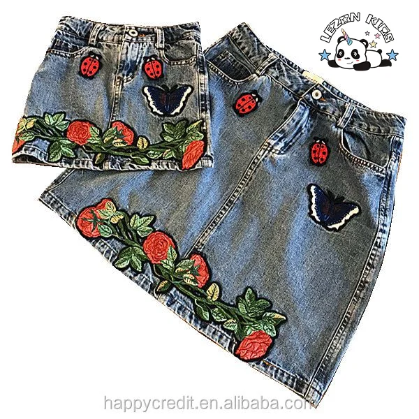 Customizable Mommy and Me Cotton Washed Embroidered Patches Butterfly Ladybug Flowers Girls Denim Skirt - Product Image