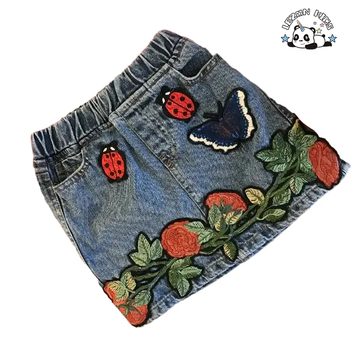 Customizable Mommy and Me Cotton Washed Embroidered Patches Butterfly Ladybug Flowers Girls Denim Skirt - Product Image