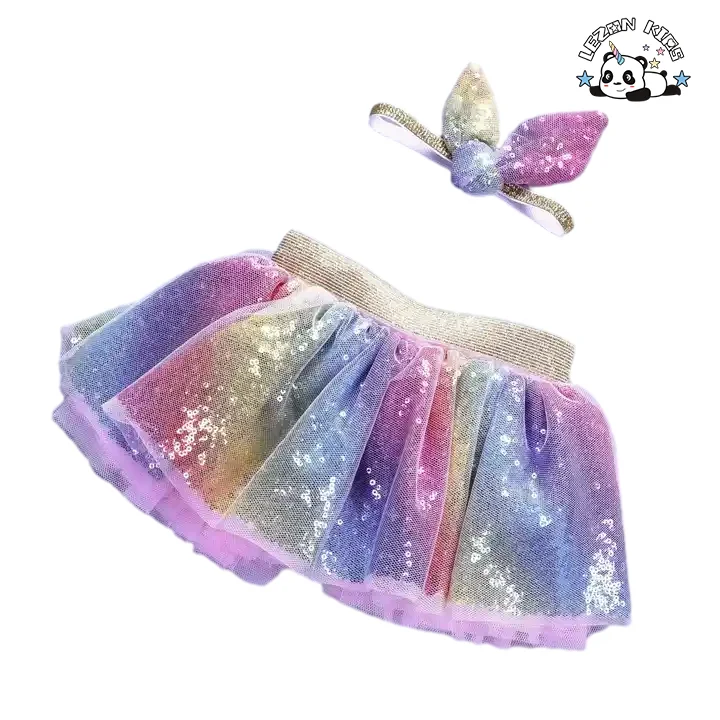 Customizable New Fahion rainbow Color Sequined Elastic Waist Summer Cute Tutu Skirts for Girls Kids - Product Image