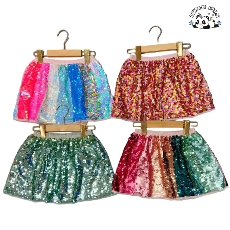 Customize Designs Stylish Girls Sequin Skirt Satin Lining Kids Summer Skirts - Product Image