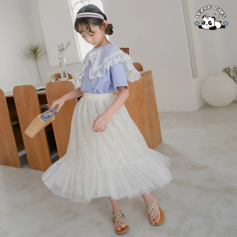 Saias Longas de Tule Personalizadas para Meninas no Verão com Estampa de Folha de Prata, Forro de Algodão Doce - Product Image