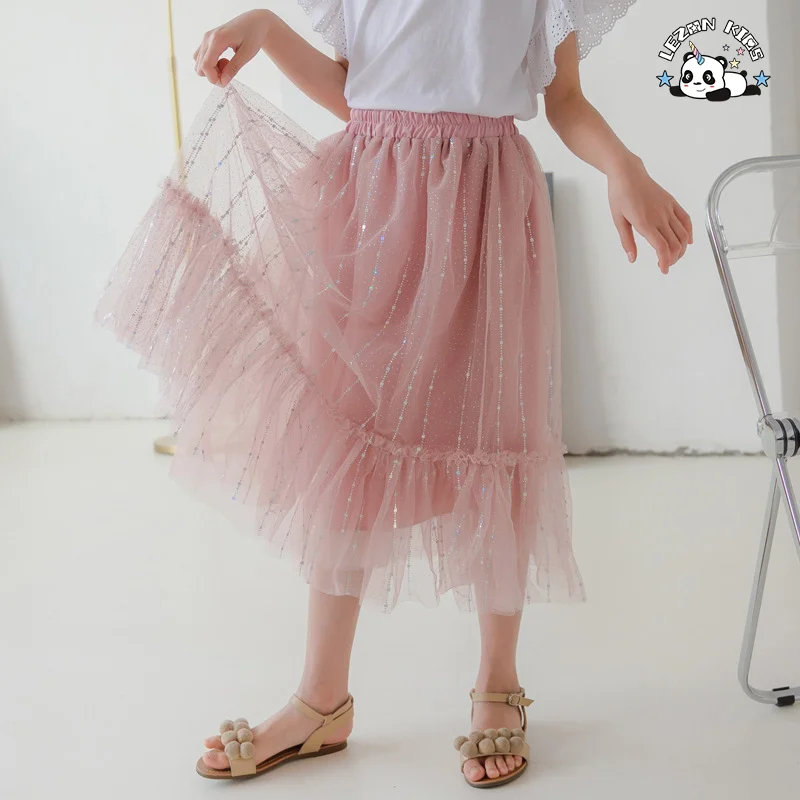 Saias Longas de Tule Personalizadas para Meninas no Verão com Estampa de Folha de Prata, Forro de Algodão Doce - Product Image