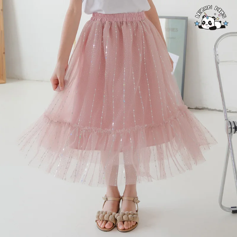 Saias Longas de Tule Personalizadas para Meninas no Verão com Estampa de Folha de Prata, Forro de Algodão Doce - Product Image