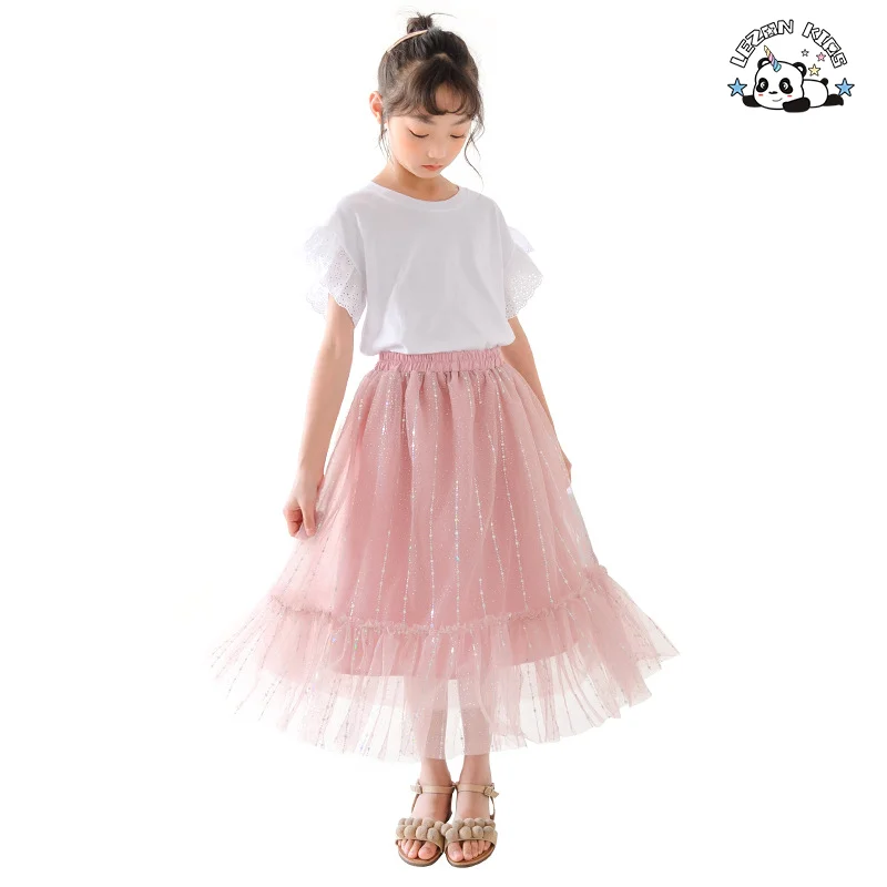 Saias Longas de Tule Personalizadas para Meninas no Verão com Estampa de Folha de Prata, Forro de Algodão Doce - Product Image