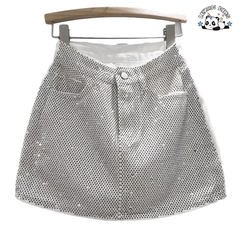 Saia de jeans personalizada com muitos cristais, estilo A-line, cintura alta e curta para meninas