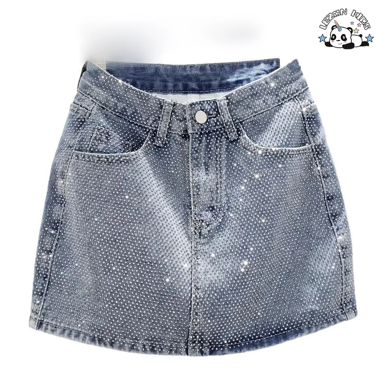 Saia de jeans personalizada com muitos cristais, estilo A-line, cintura alta e curta para meninas - Product Image