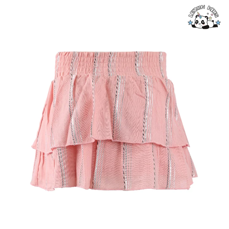 Saia A-line de Verão Elegante com Cintura Alta, Pregueada, Estampada e Camadas Rufladas para Meninas - Saia Mini Vintage - Product Image