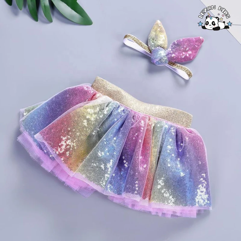 Factory Wholesale Cheap Custom Rainbow Sequin Skirt Kids TUTU Skirts Rainbow Girls Skirt for 2-14 Years
