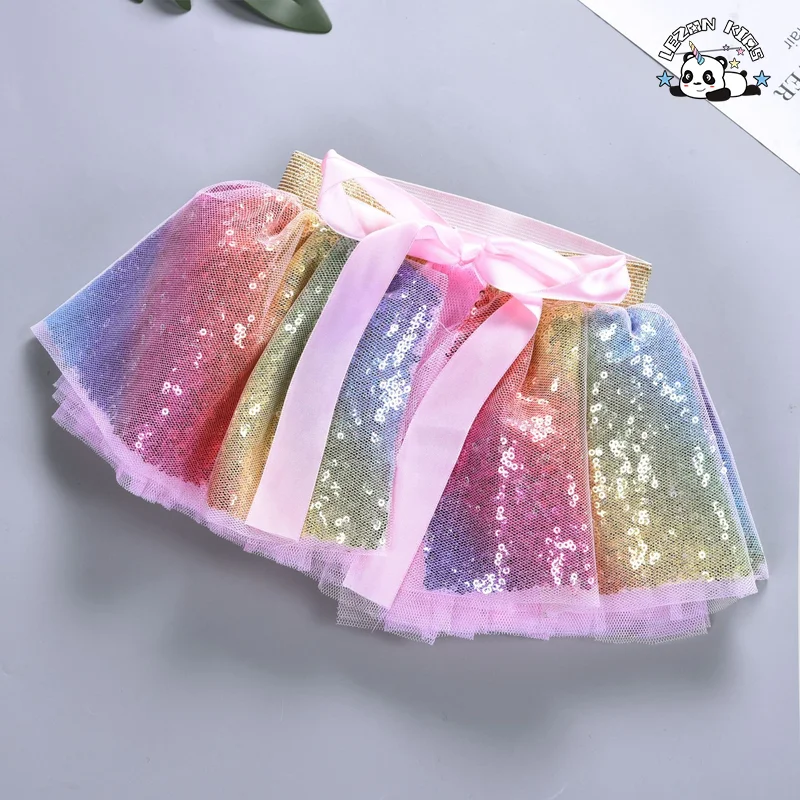 Factory Wholesale Cheap Custom Rainbow Sequin Skirt Kids TUTU Skirts Rainbow Girls Skirt for 2-14 Years - Product Image