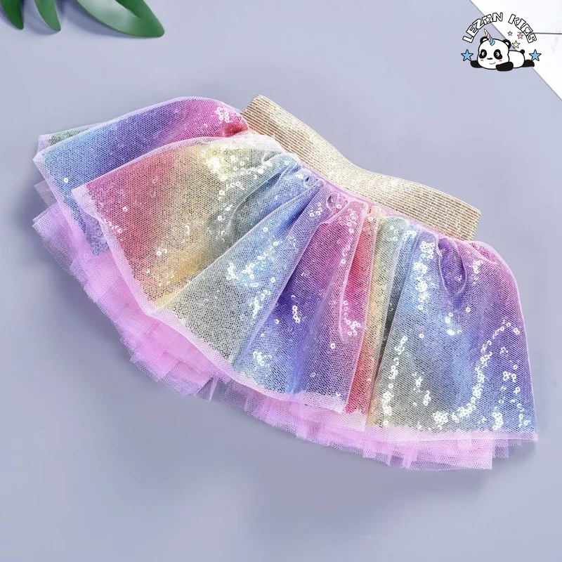Factory Wholesale Cheap Custom Rainbow Sequin Skirt Kids TUTU Skirts Rainbow Girls Skirt for 2-14 Years - Product Image