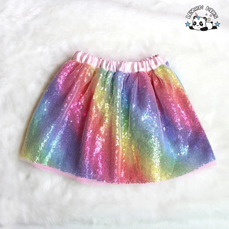 Factory Wholesale Cheap Custom Rainbow Sequin Skirt Kids TUTU Skirts Rainbow Girls Skirt for 2-14 Years - Product Image
