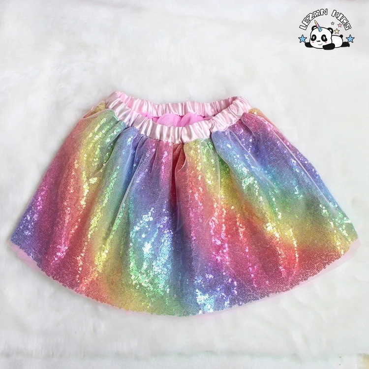 Factory Wholesale Cheap Custom Rainbow Sequin Skirt Kids TUTU Skirts Rainbow Girls Skirt for 2-14 Years - Product Image