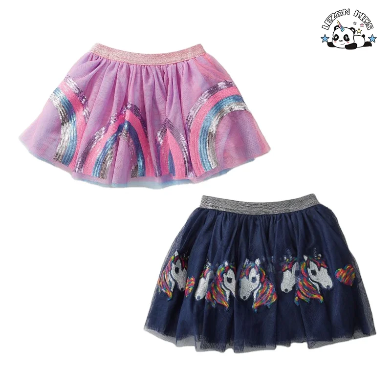 Hot Selling Metallic Custom Rainbow Unicorn Hearts Tulle Skirt Girls Sequined Pleated Tutu Skirt