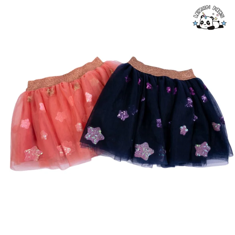 Saia Tutu Fofa e Casual com Estrelas e Lantejoulas para Meninas, Saia de Tule para Verão