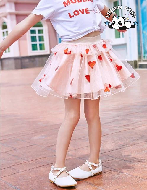 Kids Clothing Girls' Embroidered Hearts Pleated Pink Tutu Skirt - Product Image